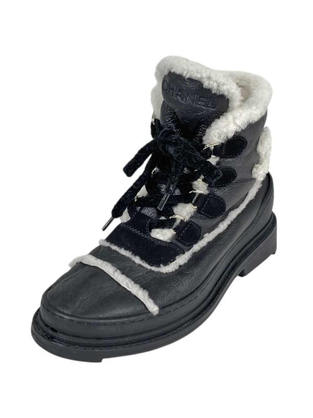 Chanel CC Logo Fleece Short Boots Shoes Shearling Leather Black